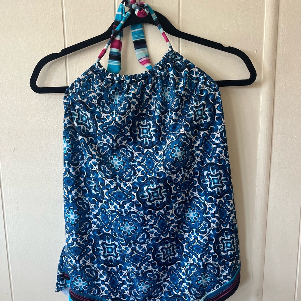 Blue Patterned Halter Swim Top